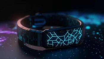Blue glowing futuristic wristwatch symbolizing innovation and cutting edge technology generated by AI photo