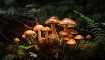Fresh fly agaric toadstool cap in autumn forest generated by AI photo