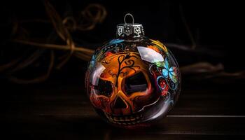 Ornate Christmas ornament illuminates dark, spooky table generated by AI photo