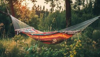 Hammock hanging, resting in nature tranquil scene generated by AI photo