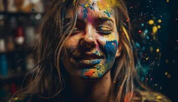 Woman colorful night paint party celebration laughter generated by AI photo