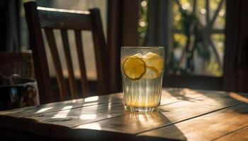Fresco limón y Lima cóctel en rústico mesa generado por ai foto