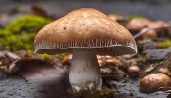 Fresh edible mushroom growth, spotted in autumn forest generated by AI photo