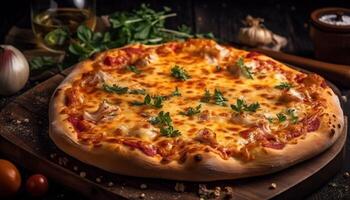 Freshly baked pizza on rustic wooden table generated by AI photo