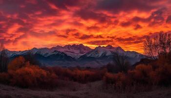 majestuoso montaña cima, retroiluminado por naranja puesta de sol generado por ai foto