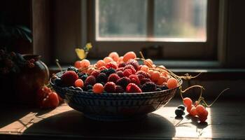 Ripe berry fruit in organic wooden bowl generated by AI photo