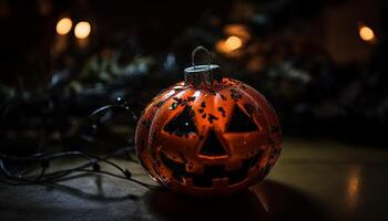 Glowing pumpkin decoration lights up spooky Halloween night generated by AI photo