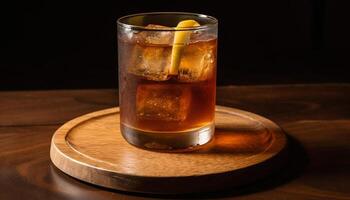 Whiskey on wood, ice drop, refreshing drink generated by AI photo