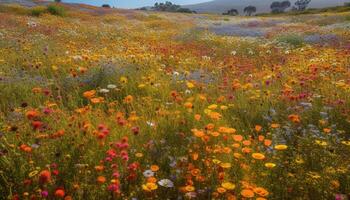 Vibrant wildflowers bloom in tranquil meadow scene generated by AI photo