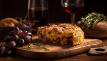 rústico comida con vino, carne, y parmesano generado por ai foto