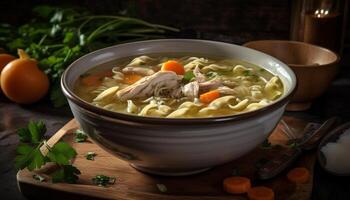 Homemade chicken noodle soup, fresh vegetables, cilantro generated by AI photo