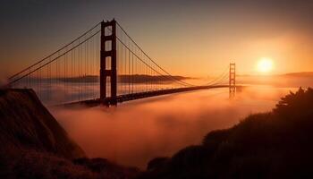 Golden suspension bridge vanishes into foggy dusk generated by AI photo