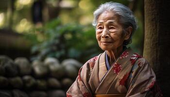 sonriente mayor mujer en tradicional japonés ropa generado por ai foto