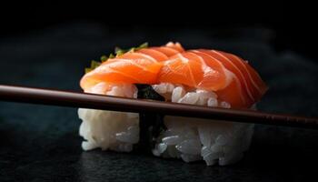 gastrónomo Sushi plato frescura, cultura, y algas marinas rodar generado por ai foto