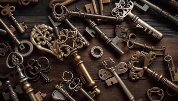 Antique rusty key unlocks old padlock success generated by AI photo