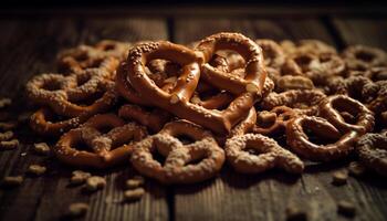 apilar de crujiente, salado pretzels en rústico mesa generado por ai foto