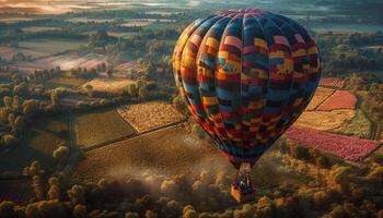 Multi colored hot air balloon floats above mountains generated by AI photo