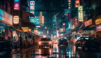 Skyline of Chinese city illuminates crowded city street generated by AI photo