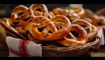 salado pretzels en cesta, un bávaro tradicion generado por ai foto