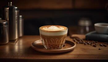 Elegant cappuccino on rustic wooden table close up generated by AI photo