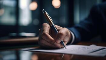 Focused businessman signs documents in corporate meeting generated by AI photo