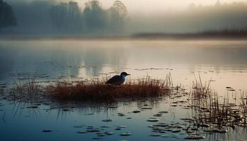 Silhouette reflects on tranquil pond natural beauty generated by AI photo