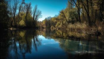 tranquilo amanecer refleja en mojado otoño estanque generado por ai foto