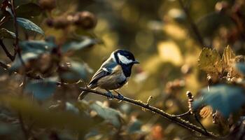 Yellow great tit perching on branch outdoors generated by AI photo