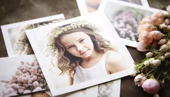 Cute baby girl holding flower bouquet smiling outdoors generated by AI photo