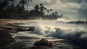 Sunset over idyllic tropical coastline, palm tree silhouette generated by AI photo