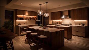 Modern luxury kitchen Elegant design, bright lighting equipment generated by AI photo