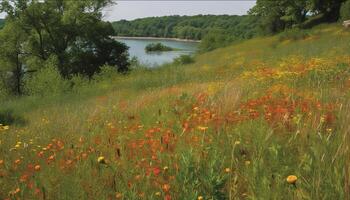 Vibrant wildflowers dot rural meadow in summer generated by AI photo