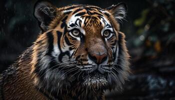 majestuoso Bengala tigre, curioso intensamente en bosque generado por ai foto