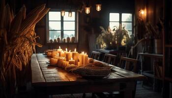 Rustic candle glowing on wood table indoors generated by AI photo