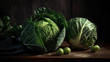 Fresh vegetables on rustic wood plate background generated by AI photo