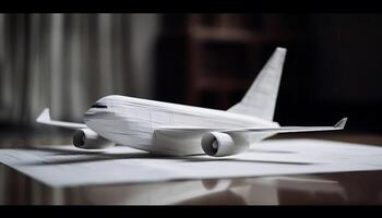 Flying paper airplane showcases transportation industry success generated by AI photo