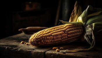 Fresh sweetcorn on rustic wooden table in autumn generated by AI photo