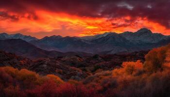 Majestic mountain range, tranquil dusk, orange horizon generated by AI photo