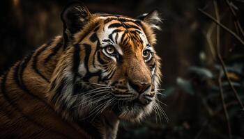 Bengala Tigre feroz mirar fijamente, naturaleza belleza brilla generado por ai foto