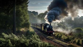 Steam locomotive chugging through rural forest landscape generated by AI photo
