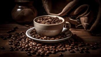 Dark coffee beans in rustic sack heap generated by AI photo