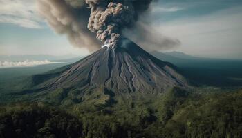 Erupting mountain releases smoke, steam and ash generated by AI photo