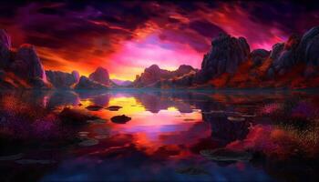 majestuoso montaña rango refleja vibrante colores a puesta de sol generado por ai foto