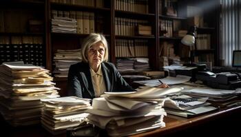 Occupied professionals working late surrounded by paperwork generated by AI photo