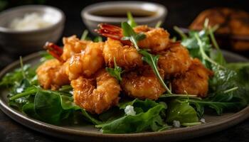 Crispy buffalo wings on wooden plate generated by AI photo