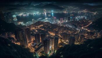 iluminado rascacielos resplandor en el noche paisaje urbano generado por ai foto
