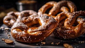 recién horneado hecho en casa pretzels, gastrónomo dulce indulgencia generado por ai foto