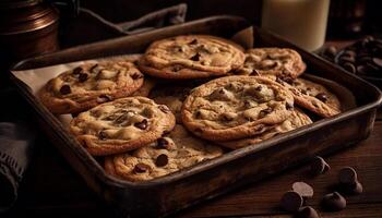 Rustic comfort food on wooden cutting board generated by AI photo