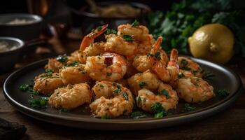 Grilled prawn appetizer on rustic wooden plate generated by AI photo