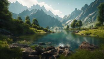 Majestic mountain peaks reflected in tranquil pond waters generated by AI photo